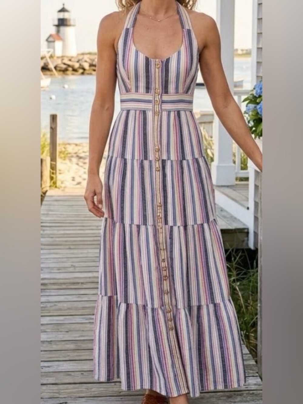 Maeve for Anthropology Boho Coquette Striped Cotton Maxi Halter dress Size 4